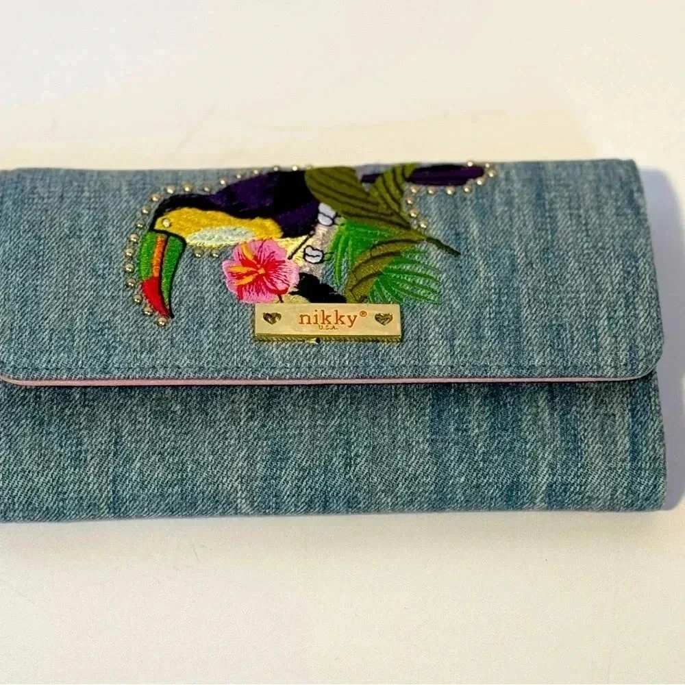 Nikky Women's Denim Embroidered Design RFID Blocking Trifold